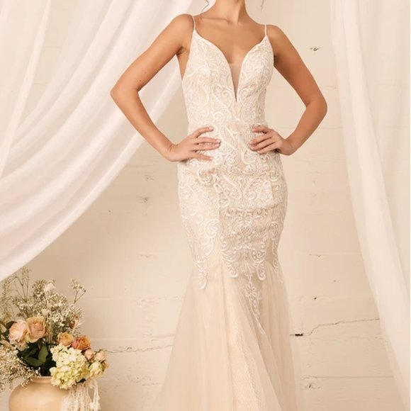 Lulus | Keeping My Promise White Embroidered Lace Trumpet Maxi Dress Wedding - Picture 1 of 6